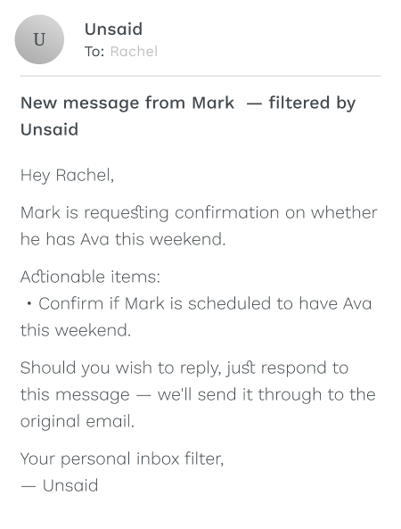 Filtered email example from Unsaid
